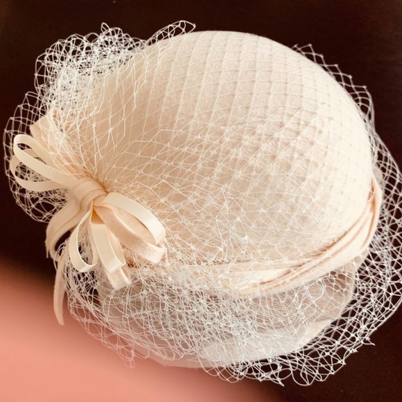 Womens Hat & Veil with Braid Satin Trim Bow MINT Georgette Wedding Bridal - Picture 5 of 7